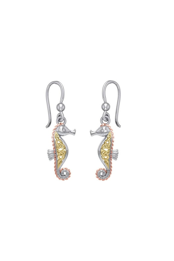 Seahorse Three Tone 925 Sterling Silver Earrings Sea Life Jewelry Gold Accent