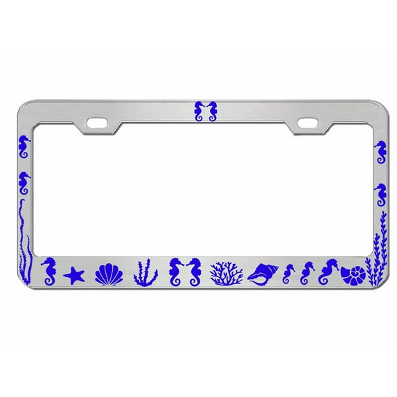 Seahorse Tropical Waves of Fun Beach Style Metal License Plate Frame Personalized/Car Accessories Car Tag Holder Cover (Chrome/Lime Blue)
