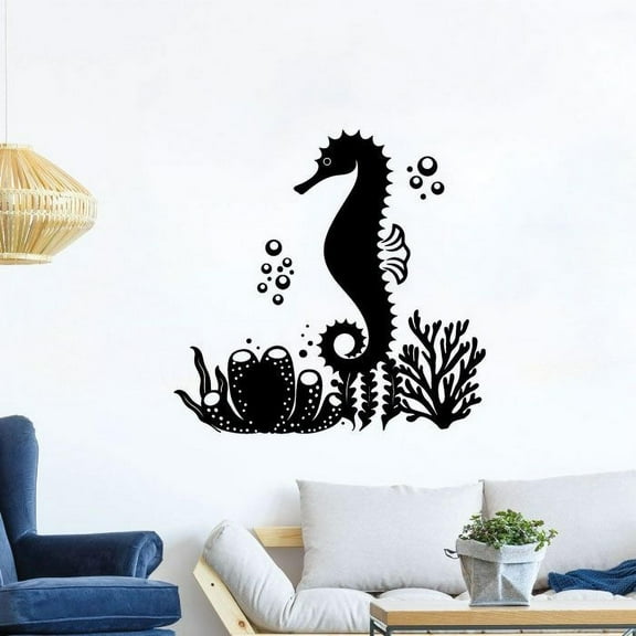 Seahorse Underwater Plants Pattern Silhouette Art Cartoon Design Vinyl Wall Decal Wall Sticker Wall Art Home Decoration Fun Home Decoration For Girls Boys Kids Room House Décor Size (20x20 inch)