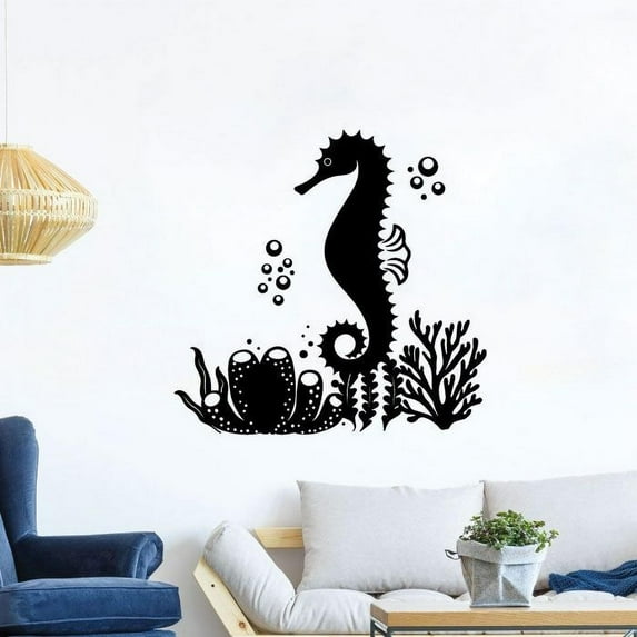 Seahorse Underwater Plants Pattern Silhouette Art Cartoon Design Vinyl Wall Decal Wall Sticker Wall Art Home Decoration Fun Home Decoration For Girls Boys Kids Room House Décor Size (30x30 inch)