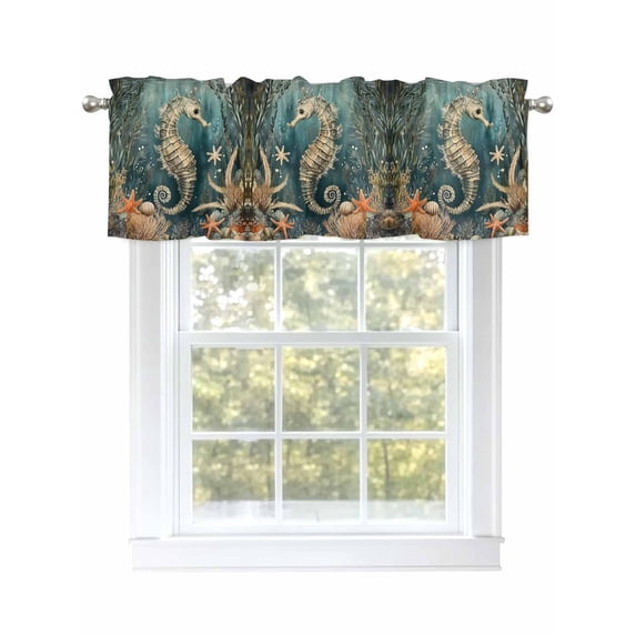 Seahorse Underwater World Valances for Windows, Rod Pocket Kitchen Valance Curtains - Soft & Washable Small Window Treatment for Living Room, Bathroom, Seabed Retro Coral, 54x18inch