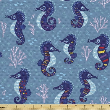 Ambesonne Seahorse Fabric by the Yard Upholstery, Fantasy Undersea Life, 2 Yards, Multicolor