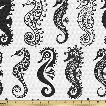 Seahorse Upholstery Fabric by the Yard, Repeating Pattern Tribal Style Abstract Seahorse Design in Various Forms, Decorative Fabric for DIY and Home Accents, 10 Yards, Black and White by Ambesonne