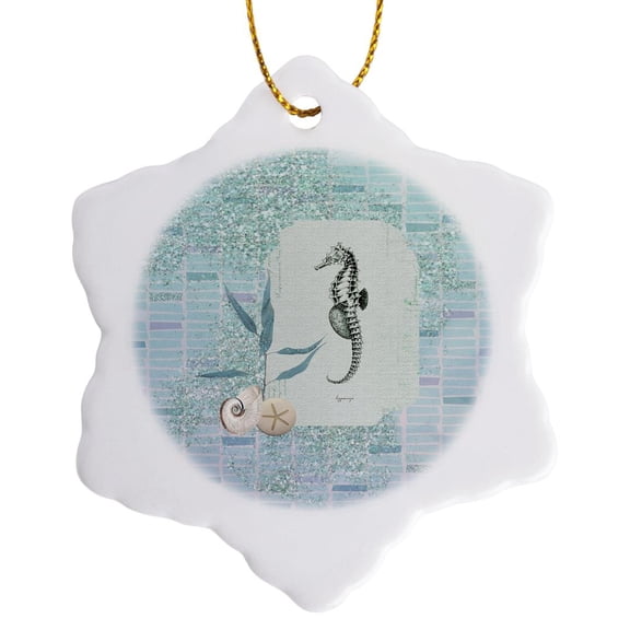 3drose, Seahorse with Sand Dollar, Shell, Plant, Tile, Blues, Purple, Green, 3 inch Snowflake Porcelain Ornament