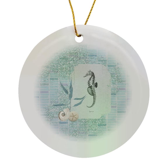 3drose, Seahorse with Sand Dollar, Shell, Plant, Tile, Blues, Purple, Green, Circle Porcelain Ornament