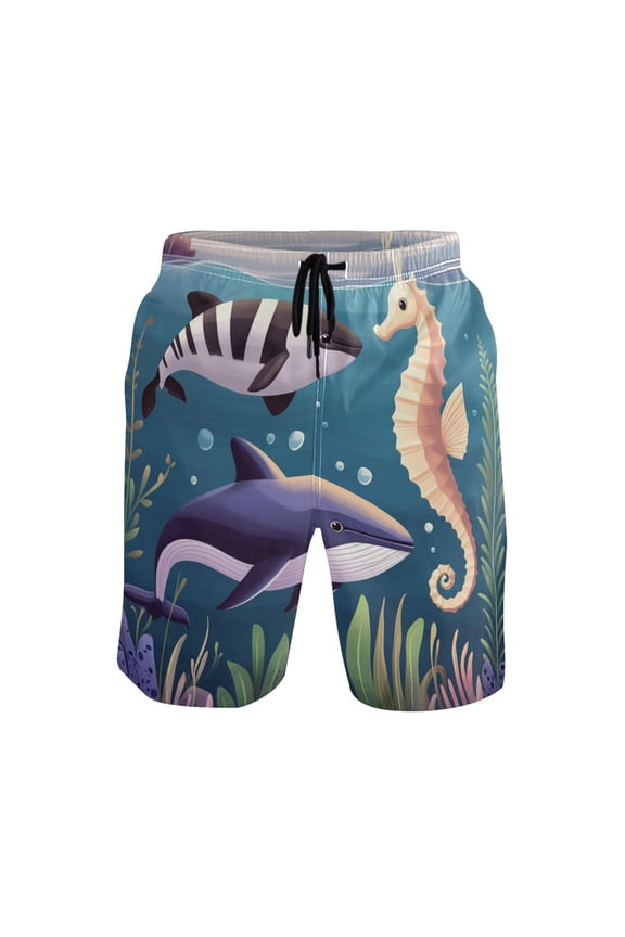 Seahorse and Fish Large Size Men's Quick Dry Beach Shorts with Mesh Lining, Lightweight