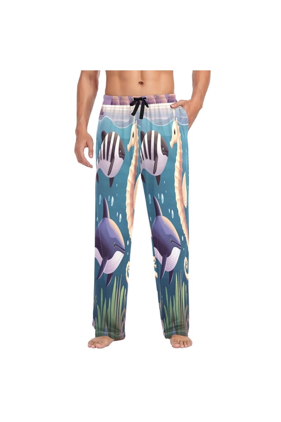 Seahorse and Fish Mens Cotton Pajama Pants Long Staple Lightweight Sleep Bottoms with Pockets Breathable