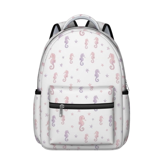 Seahorse and Star White Pattern Backpack for School, Cute School Bag with Adjustable Shoulder Straps and Padded Back, 15.3"x11"x7.1"