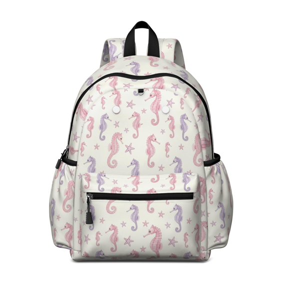 Seahorse and Star White Pattern Cute School Backpack with Padded Back and Adjustable Shoulder Straps 13.4"x11"x4.7"