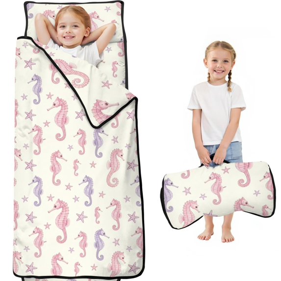 Seahorse and Star White Pattern Teens Toddler Nap Mat with Pillow, Sleeping Mat Bag for Preschool Daycare 60"x20"