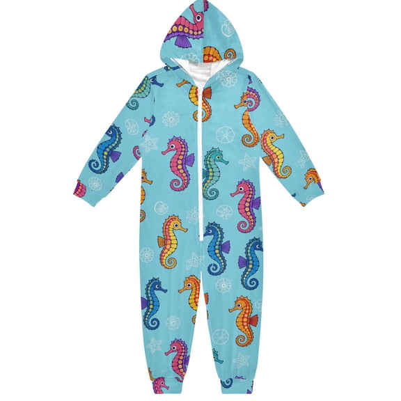 Seahorses Boys & Girls Hooded One-Piece Pajamas Warm Crystal velvet Hooded Long Sleeve Loungewear Jumpsuit Unisex
