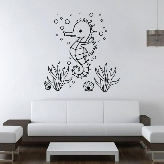 Seahorses Cute Underwater Plants Shells Silhouette Drawing Cartoon Vinyl Wall Decal Wall Sticker Wall Art Home Decoration Fun Home Decoration For Girls Boys Kids Room House Décor Size (10x10 inch)