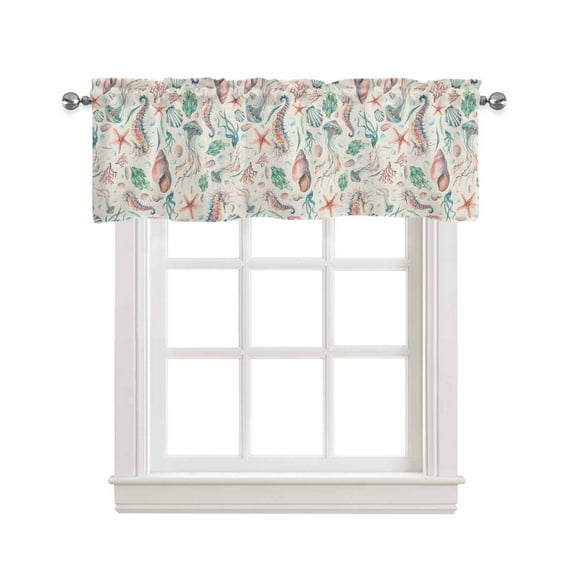 Seahorses Linen Curtain Valance for Bedroom/Bathroom/Kitchen/Office/Living/Dining Room Windows,Retro Coastal Ocean Starfish Summer Shell Rod Pocket Topper Drapes Decorative Cafe Drapery Panel 42x18