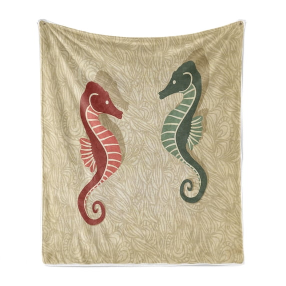 Seahorses Nautical Soft Flannel Fleece Throw Blanket, Graphic Colorful Beach Coral Reef Vintage Design Print, Cozy Plush for Indoor and Outdoor Use, 70" x 90", Forest Green Sand Brown, by Ambesonne