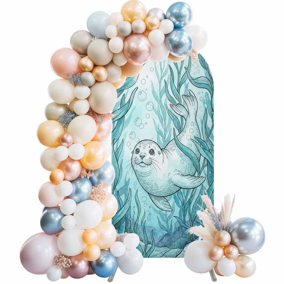 Seal Arch Backdrop Cover 4 FT Watercolor Gradient Blue Green Seal Seaweed Sands Stretchy Elastic Arch Stand Covers Spandex Arched Background Birthday Wedding Party Decoration (No Stand)