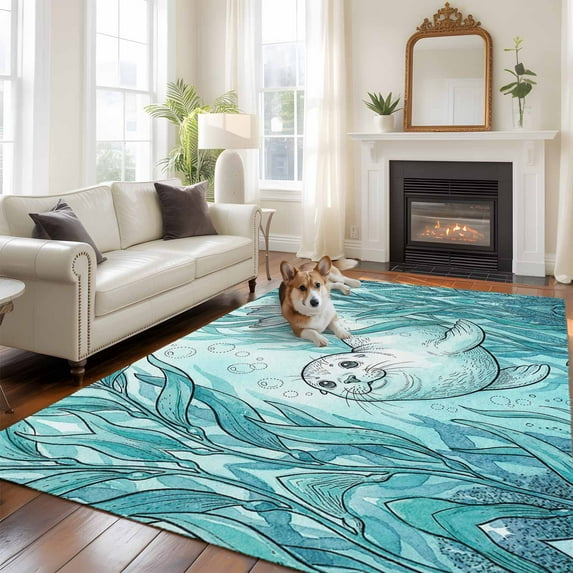 Seal Area Rugs 5x7 ft Watercolor Gradient Blue Green Seal Seaweed Sands Washable Rug Non Slip Indoor Carpet Absorbent Floor Mat for Living Room Bedroom Dining Room