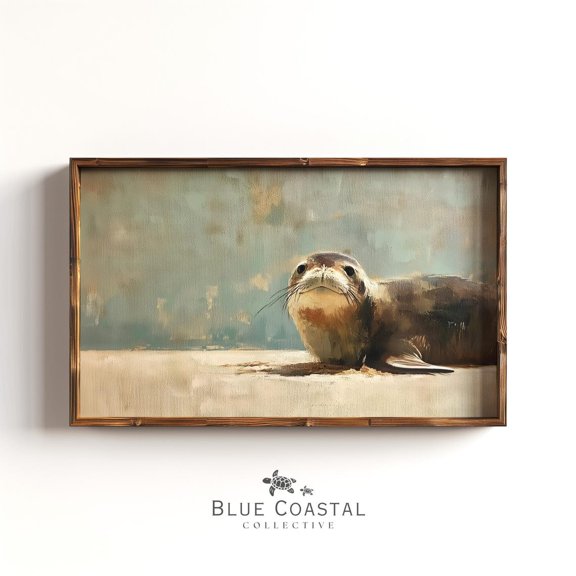 Seal Art Minimalist Studio Harbor Sage Green Cream Modern Coastal Bedroom Wall Decor Quiet Luxury Bathroom Neutral Negative Space, Unframed Paper Print