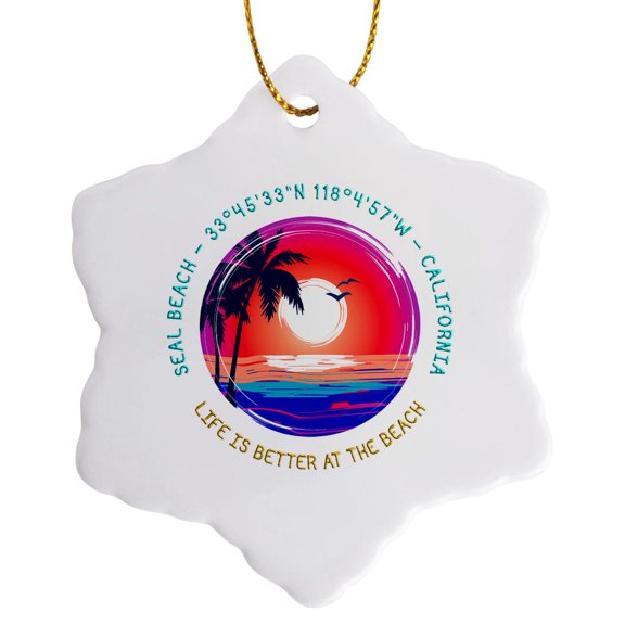3drose, Seal Beach, California. Life Is Better at the Beach Travel Gift, 3 inch Snowflake Porcelain Ornament