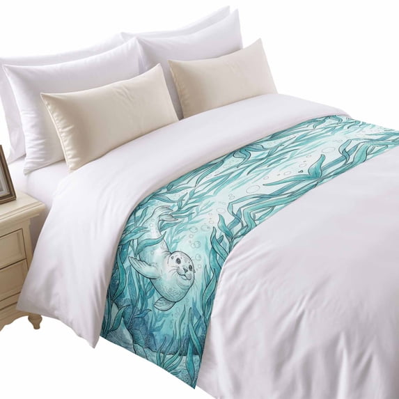 Seal Bed Runner for King Size Bed, Watercolor Gradient Blue Green Seal Seaweed Sands Soft Bedding Scarf Bedding Protector Slipcover Sofa Throw for Bedroom Hotel Guesthouse