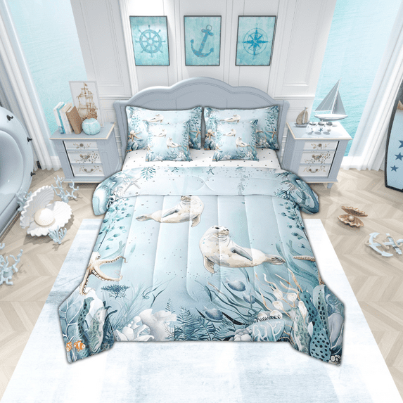 Seal Comforter Set 7 Piece Bed in a Bag Twin,Teal Blue Ocean Beach Coastal Bedding Set Starfish Octopus Tentacles Sheet Sets with Comforter Underwater Creature Coral Bed Set,Kawaii Fish Room Decor