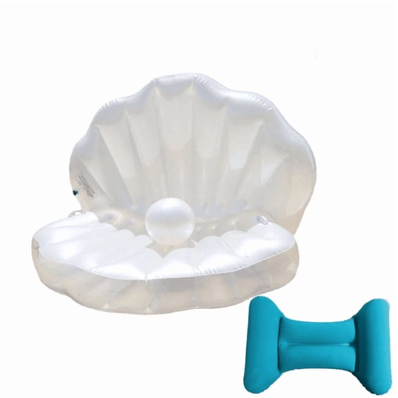 Seal Duck 2 Pack 67 Inch Giant Shell Inflatable Pool Lounger Float with White Pearls & H-Shaped Waist Pillow, Large Adult Floating Bed for Summer Pool Party Beach Vacation Outdoor Relax Travel Water