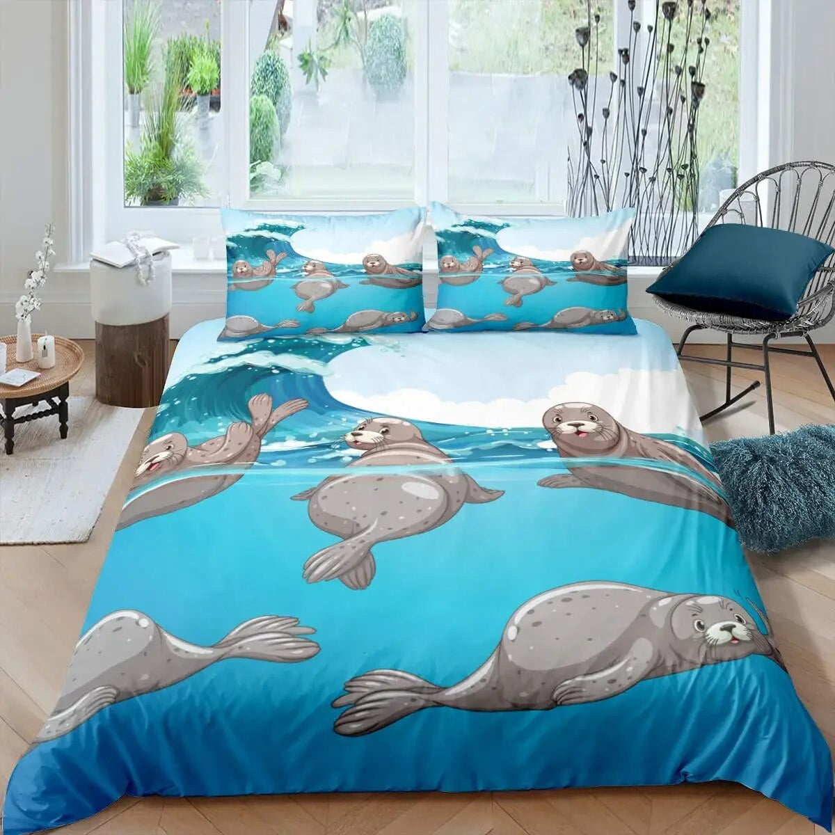 Seal Duvet Cover King Size Lovely Swimming Seal Bedding Set Cute Ocean