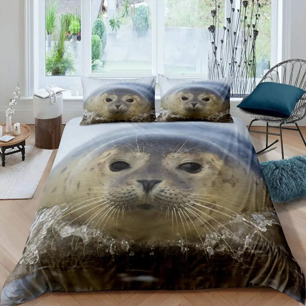 Seal Duvet Cover King Size Lovely Swimming Seal Bedding Set Cute Ocean