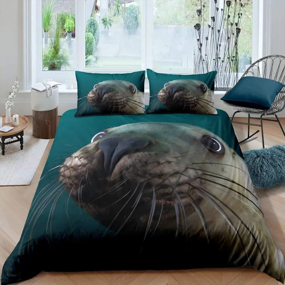 Seal Duvet Cover King Size Lovely Swimming Seal Bedding Set Cute Ocean