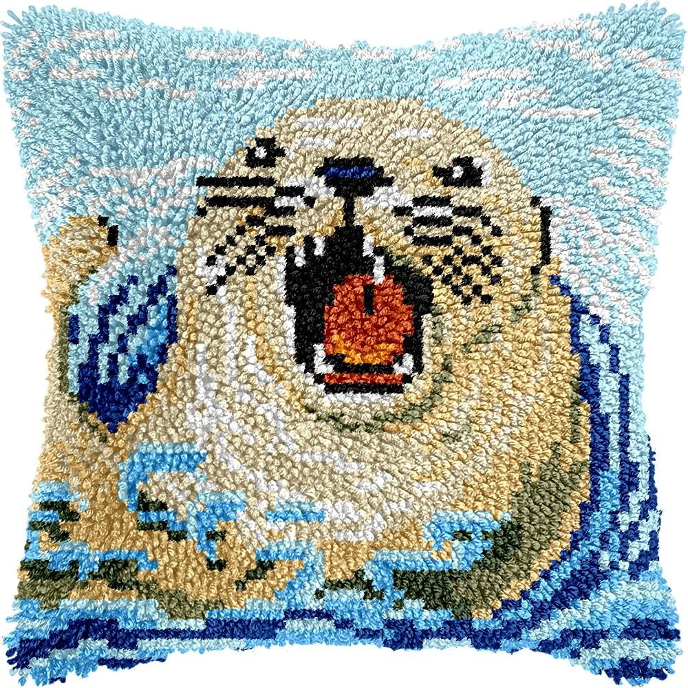 Seal Latch Hook Pillow Kits for DIY Throw Pillow Cushion Embroidery Latch Hooking Pillowcase Kits with Preprinted Canvas Crochet Yarn Kits for Home Decor 17''X 17''(d81)