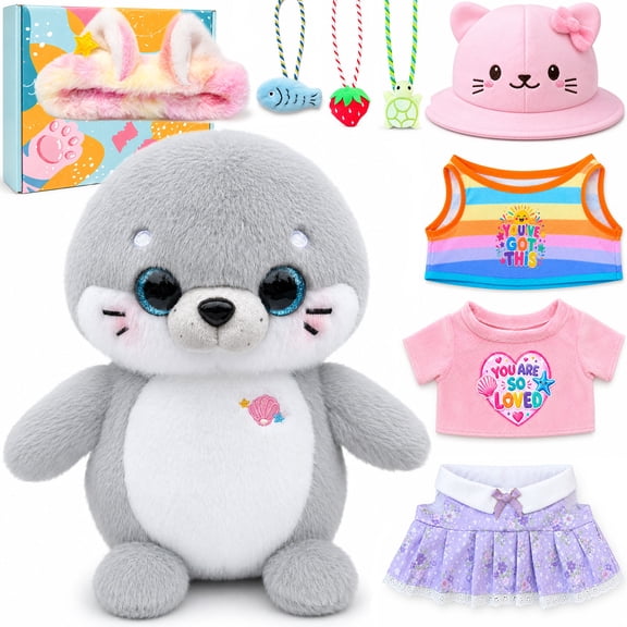 Seal Plush Stuffed Animal for Kids10-Inch Cute Fat Seal Plush Toy with 8 Pcs Outfits, Soft Stuffed Animals & Plush Toys for 212 Year Old GirlsBirthday, Holiday, Graduation & Reward Gift