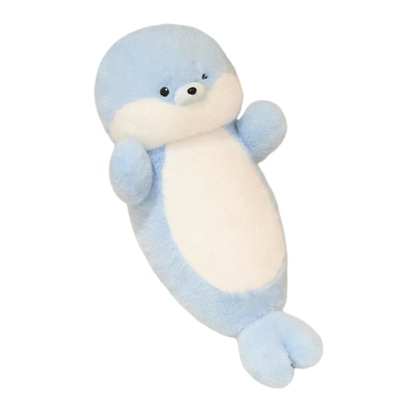 Seal Plushie, Soft Stuffed Animal, PillowforStudent, 32X10 In, Fluffy, Decor Pillow, All Ages Playroom, Pale Blue, 1 Pc