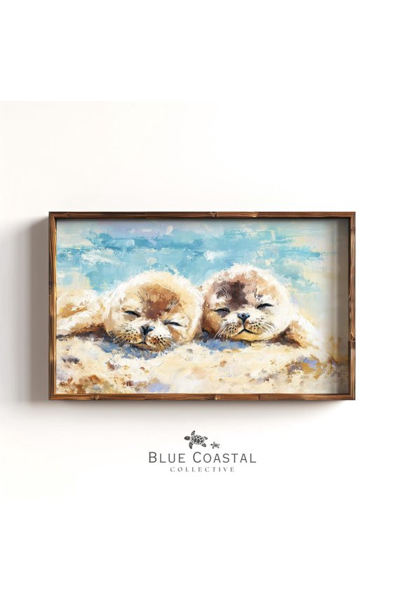 Seal Pups Art Two Babies Close Up Fluffy Golden Cream Teal Sky Cute Coastal Nursery Wall Decor Room Ocean Lover Gift Adorable, Unframed Paper Print