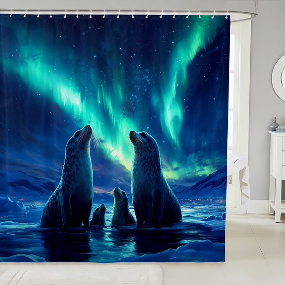 Seal Shower Curtains for Bathtubs 72" W x 84" LArctic Animals Watercolor Aurora Bath Curtain ,Glacier Ice Layer Waterproof Bathroom Curtain with 12 Hooks