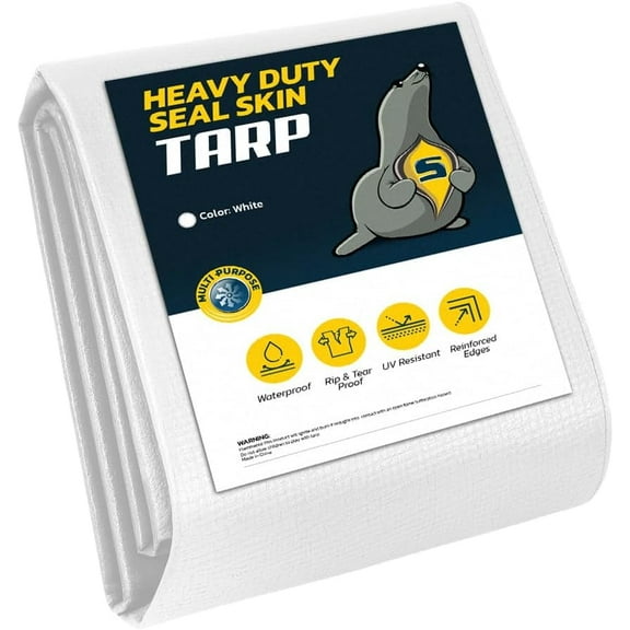 Seal Skin Heavy Duty 12x20 FT White Waterproof Tarp, 12 Mil Thick, UV & Tear Resistant