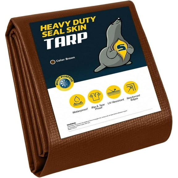 Seal Skin Heavy Duty 10x20 FT Brown Waterproof Tarp, 16 Mil Thick, UV & Tear Resistant