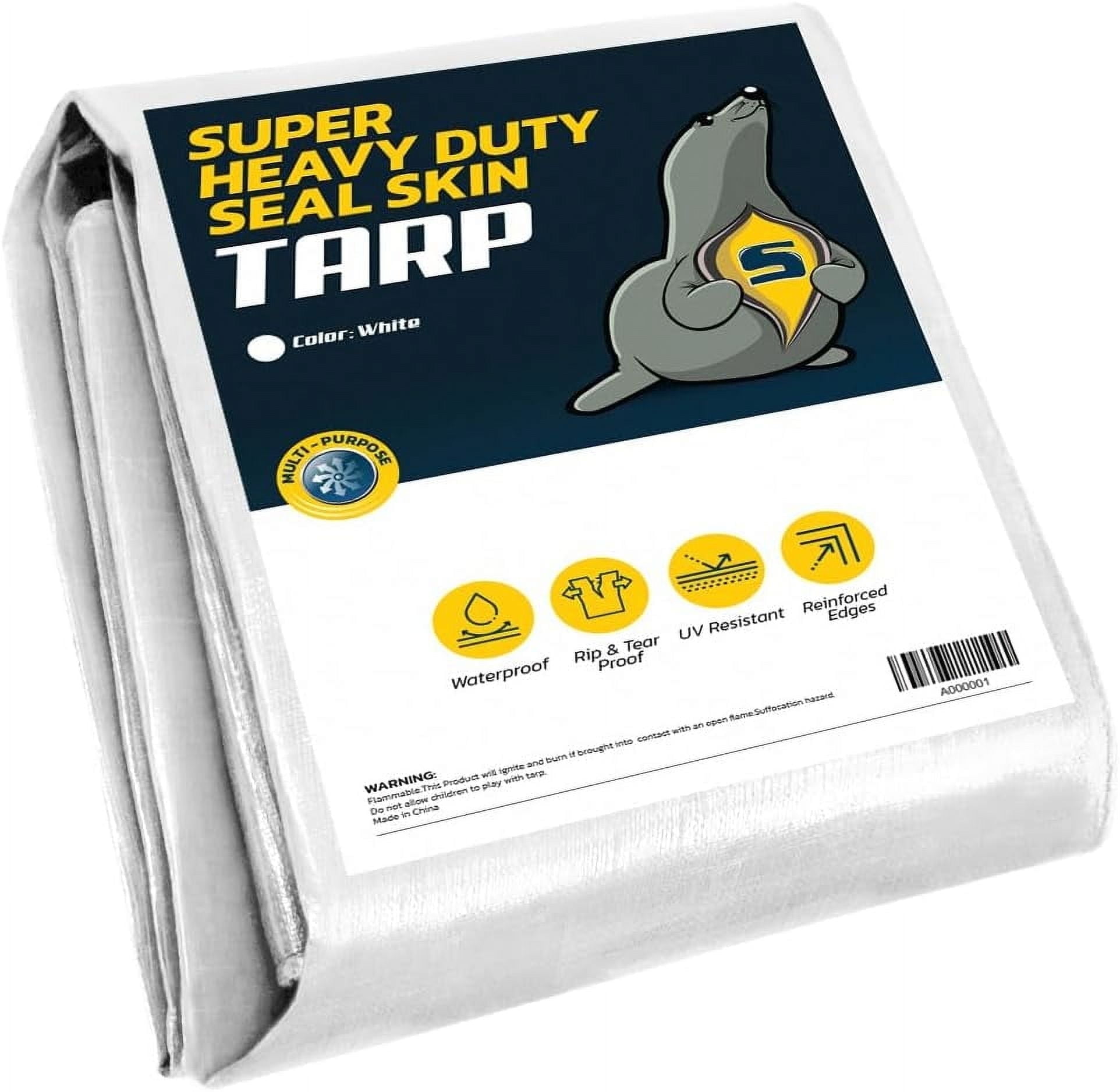 Seal Skin Heavy Duty White Waterproof Tarp,16 Mil Thick, UV & Tear Resistant 10' X 20'