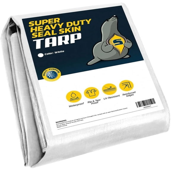 Seal Skin Heavy Duty White Waterproof Tarp,16 Mil Thick, UV & Tear Resistant 5' X 7'