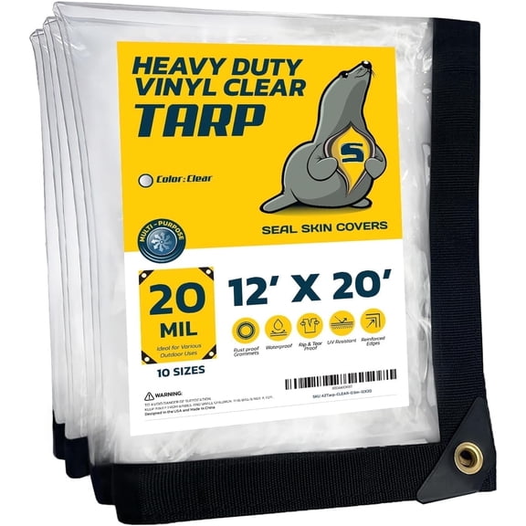 Seal Skin Waterproof Clear Tarp, 20 Mil Transparent Vinyl Tarpaulin with Grommets 12' X 20'