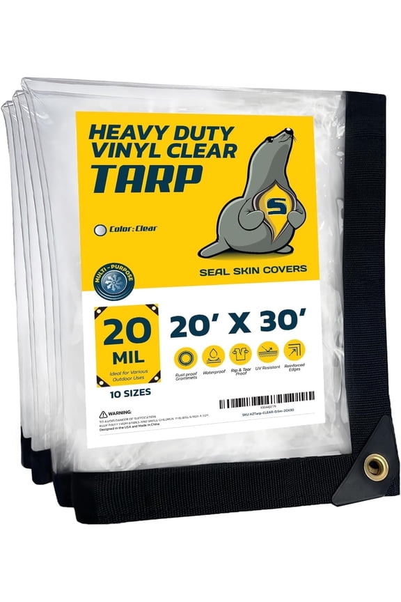 Seal Skin Waterproof Clear Tarp, 20 Mil Transparent Vinyl Tarpaulin with Grommets 20' X 30'