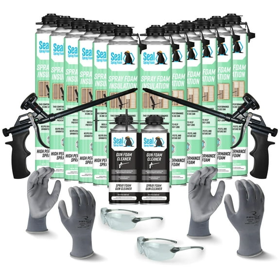 Seal Spray Foam CCI Foam Can Kit w/ 300 Board FT-12 Cans, 2 Gun Foam Applicators, 2 Cans of Cleaner, 1 pair L gloves, 1 pair XL gloves, 2 pair Safety Glasses