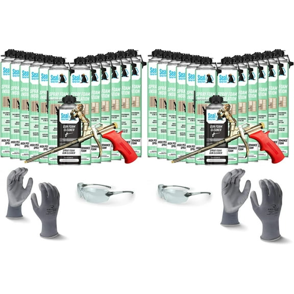 Seal Spray Foam CCI Foam Can Kit w/ 600 Board FT-24 Cans, 2 Angled Gun Foam Applicators, 2 Cans of Cleaner, 1 pair L gloves, 1 pair XL gloves, 2 pair Safety Glasses