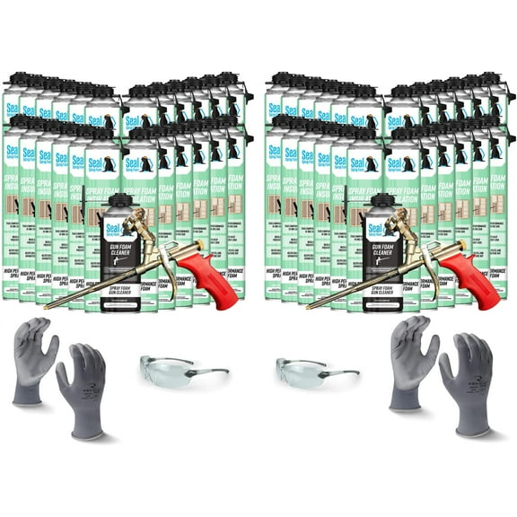 Seal Spray Foam CCI Foam Can Kit w/ 1200 Board FT-48 Cans, 2 Angled Gun Foam Applicators, 2 Cans of Cleaner, 1 pair L gloves, 1 pair XL gloves, 2 pair Safety Glasses