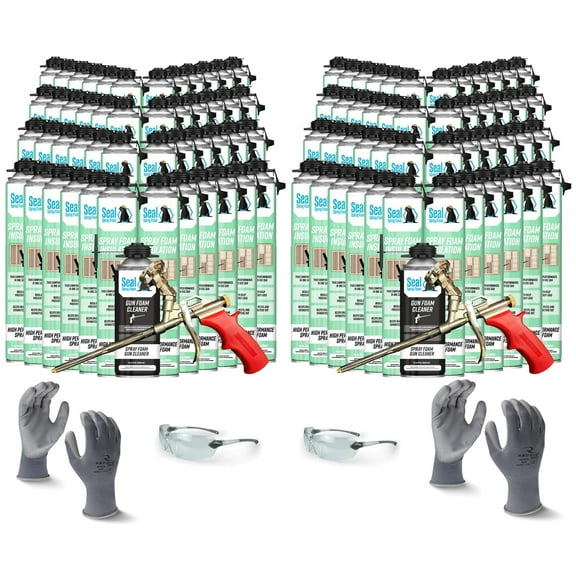 Seal Spray Foam CCI Foam Can Kit w/ 2400 Board FT-96 Cans, 2 Angled Gun Foam Applicators, 2 Cans of Cleaner, 1 pair L gloves, 1 pair XL gloves, 2 pair Safety Glasses