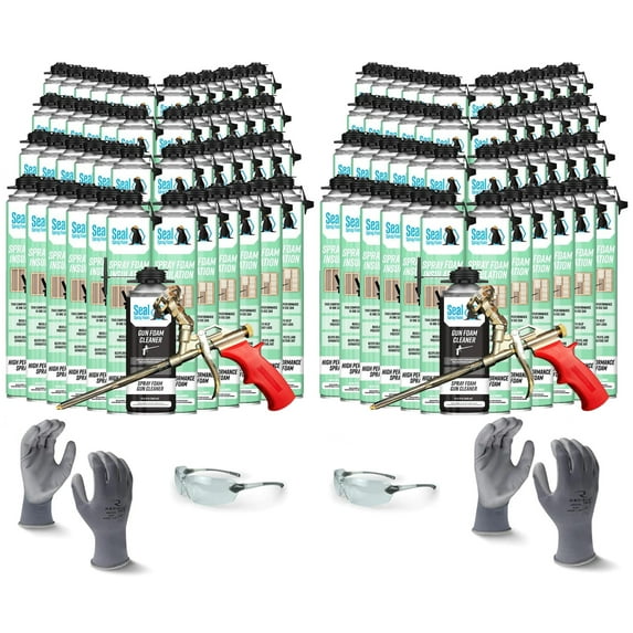 Seal Spray Foam CCI Foam Can Kit w/ 2400 Board FT-96 Cans, 2 Angled Gun Foam Applicators, 2 Cans of Cleaner, 1 pair L gloves, 1 pair XL gloves, 2 pair Safety Glasses
