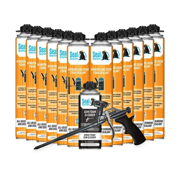 Seal Spray Window and Door Foam No Warp One Component Polyurethane Gun Foam Sealant (12 / 23.2oz Cans) with Seal Spray 15" Seal Spray Gun and 1 Can of 16.9oz Seal Spray Cleaner