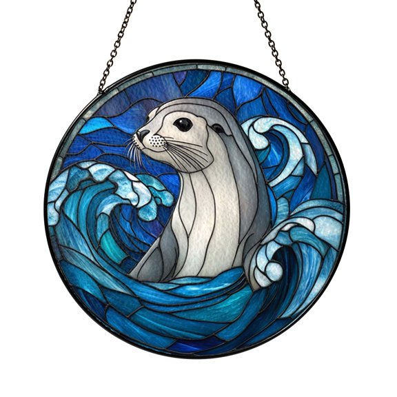 Seal Stained Glass Suncatcher, Round Ocean Waves Window Hanging, Coastal Nautical Decor, Marine Life Home Accent, Gift for Beach Lovers