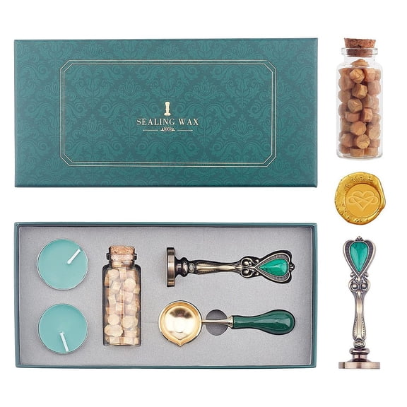 Seal Stamp Set with Brass Head Handle Spool Candles for Invitations Cards Letters Envelope Retro Gift Box Heart Pattern