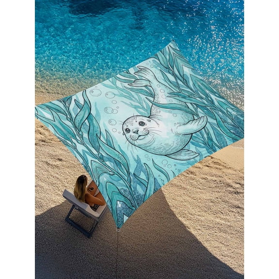 Seal Sun Shade Sail 8' x 10', Watercolor Gradient Blue Green Seal Seaweed Sands Rectangle Outdoor Sunshade Canopy, Waterproof UV Block Patio Covers for Garden Yard Beach