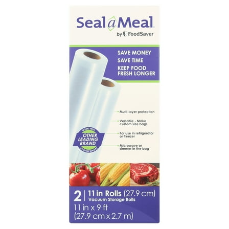 Seal-a-Meal Custom Length Vacuum Seal Bags, 2-Rolls 11"x9' (18 Ft Total), Freezer-Safe & BPA-Free, Vacuum Pack Sealer Bags for Custom Portions, Meal Prep & Reducing Food Waste