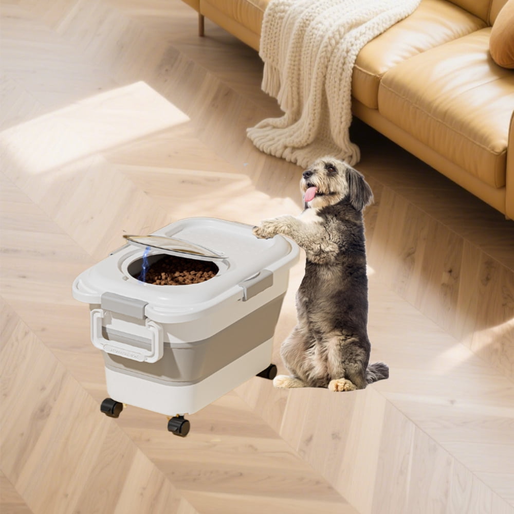 Sealable Plastic 10-15 Lbs Dog Pet Cat Bird Seed Kitchen Pantry Holder Bin Bucket with Rolling Wheel,Collapsible Dog Food Storage Container, Airtight 20-25 Lbs Rice Cereal Flour Sugar Containers